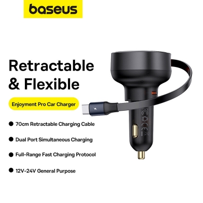 Baseus Enjoyment Pro 60W 1-Port USB Car Charger Built-in Retractable Type-C Cable Support QC3.0 2.0 PD3.0 2.0 SCP FCP PPS Fast Charging for iPhone 13 14 15 15 Pro for Samsung Galaxy S23 for Xiaomi 13p [1998304]