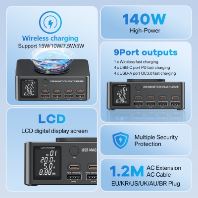 WLX-818DP 140W 8-Port USB PD Charger 4USB-A+4USB-C PD QC3.0 Fast Charging Desktop Charging Station with Wireless Charger Pad EU Plug US Plug for iPhone 12 13 14 14Pro for Huawei Mate50 for Samsung Gal [1994955]