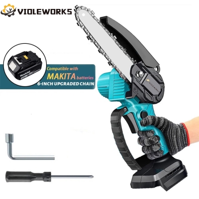 VIOLEWORKS 21V Mini Chainsaw Compact Power Tool with Pure Copper Motor Lightweight 6-inch Pruner with Safety Lock & Upper Deflector Ideal for Pruning Camping Wood Cutting & Gardening [2003661]