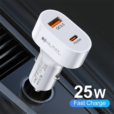 USLION PD25W 2-Port USB PD Car Charger Adapter USB-A+USB-C PD QC3.0 Fast Charging for iPhone 15 14 13 for Huawei Mate60 Pro for Samsung Galaxy Z Flip4 for Xiaomi 13pro [2005581]