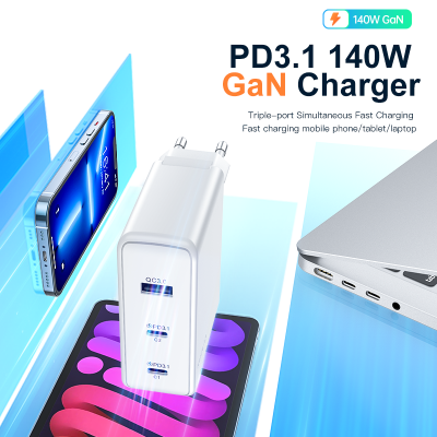 [GaN Tech] KUULAA PST-140UC2-LB 140W 3-Port USB PD Charger Dual Type-C+USB-A QC3.0 PD3.1 PPS SCP AFC BC1.2 Fast Charging Wall Charger Adapter EU Plug US Plug with 240W Type-C to Type-C Cable [1991382]