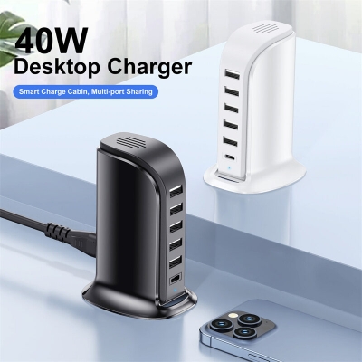 40W 6-Port USB PD Charger 5USB-A+USB-C Fast Charging Desktop Charging Station EU Plug for iPhone 15 14 13 for Huawei Mate60 Pro for Samsung Galaxy S24 for Xiaomi 14pro [2009646]