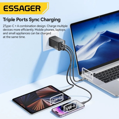 [GaN Tech] ESSAGER JT-G67TC2U1 67W 3-Port USB PD Charger 2USB-C+USB-A QC2.0 3.0 4.0 PD3.0 AFC FCP SCP DCP BC1.2 Apple2.4A Fast Charging Wall Charger Adapter EU Plug for iPhone 15 14 13 for Huawei Mate [2002438]