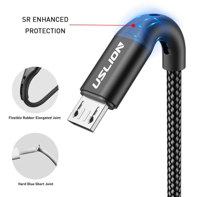 USLION 3A USB-A to Micro USB Cable QC2.0 QC3.0 Fast Charging Data Transmission Nylon Weaving Core Line 0.5M/1M/2M Long for Oneplus 7 Huawei P30 MI9 S10 S10+ [1978039]