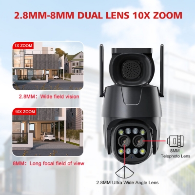 WiFi/4G IP Camera Dual Lens 2MP+2MP PTZ Security Camera 2.8mm-8mm 10X Zoom Outdoor AI Human Tracking Color Night Vision Monitoring Cam COD [1993739]