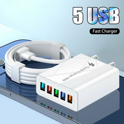 48W 5-Port USB Charger 5USB-A Fast Charging Wall Charger Adapter EU Plug US Plug for iPhone 12 13 14 14 Pro for Huawei Mate50 for Samsung Galaxy S23 for Xiaomi 13pro for Oppo Reno9 for Redmi K60 [1994950]