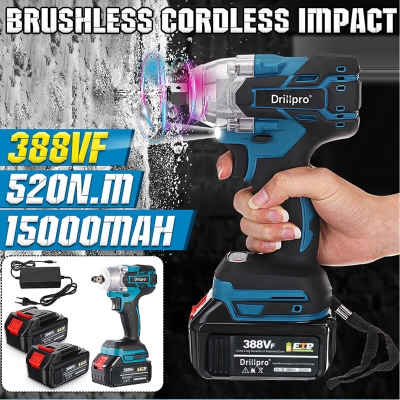 Drillpro 388VF 2 in1 520N.M Brushless Impact Cordless Electric Wrench Power Tool W/ 1/2 x Battery COD [1853643]