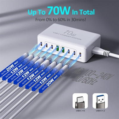 i60+ 70W 8-Port USB PD Charger 2USB-A+6USB-C PD3.0 Fast Charging Desktop Charging Station EU Plug for iPhone 15 14 13 for Huawei Mate60 for Xiaomi 14pro for Samsung Galaxy Z Flip4 [2009347]