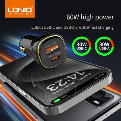 LDNIO 60W 2-Port USB PD Car Charger Adapter 30W USB-A+30W USB-C Support PD QC3.0 PPS Fast Charging for iPhone 15 14 13 for Huawei Mate60 Pro for Xiaomi 14pro for iPad Pro for NS [2009348]