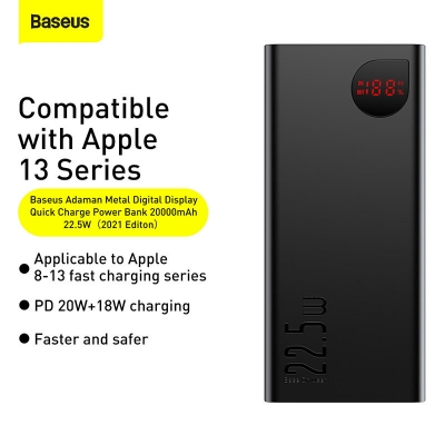 Baseus Adaman 22.5W 20000mAh PD QC3.0 Dual Input Output Digital Display Quick Charge Power Bank for iPhone 13 / 13 Mini/ 13 Pro Max for Samsung Galaxy Note S20 ultra Huawei Mate40 [2009744]