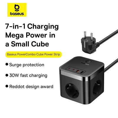 Baseus PowerCombo Cube Power Strip 30W 7-Port USB Charger 3AC+2USB-A+2USB-C Fast Charging Desktop Charging Station EU Plug for iPhone 15 14 13 for Huawei Mate60 Pro for Xiaomi 14pro for Samsung Galaxy [2010228]