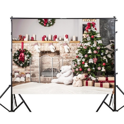 Christmas Photography Backdrop 3D Tree Brick Fireplace White Bear Printed Vinyl Photo Studio Background Cloth COD [1759899]