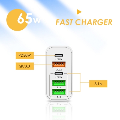 F002 65W 5-Port USB PD Charger 3USB-A+2USB-C PD QC3.0 Fast Charging Wall Charger Adapter EU Plug for iPhone 12 13 14 14 Pro for Samsung Galaxy S23 for Redmi K60 for Oppo Reno9 [1993343]