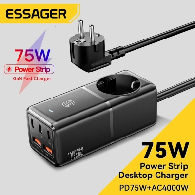 [GaN Tech] ESSAGER WL-Gan75-EU 75W 5-Port USB PD Charger 3USB-C+2USB-A QC2.0 3.0 4.0 PD2.0 3.0 FCP SCP DCP PPS BC1.2 Apple2.4A Fast Charging Desktop Charging Station EU Plug for iPhone 15 14 13 12 for [2002439]