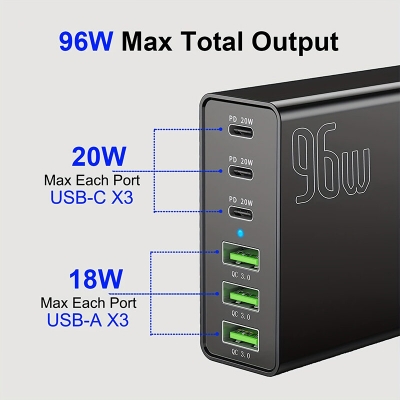 PD96W 6-Port USB PD Charger 3USB-C+3USB-A PD3.0 QC3.0 Fast Charging Desktop Charging Station EU Plug for iPhone 12 13 14 14 Pro for Huawei Mate50 for Samsung Galaxy S23 for Oppo Reno9 [1994621]