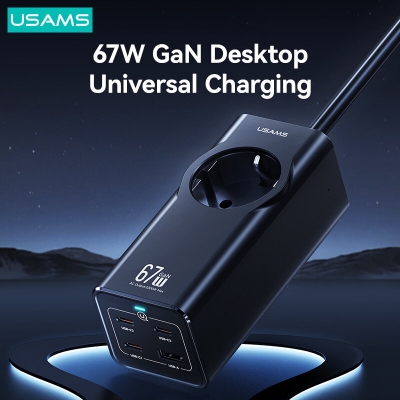 [GaN Tech] USAMS CC225 67W 4-Port USB PD Charger USB-A+3USB-C PD QC FCP AFC PPS Fast Charging Desktop Charging Station EU Plug with 1.5M Extension Cable 2200W AC Output [2009641]