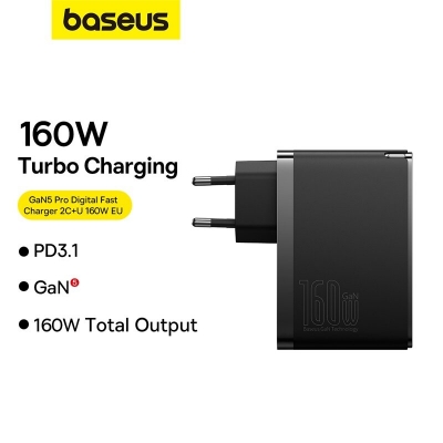 [GaN Tech] Baseus GaN5 Pro 160W 3-Port USB PD Charger USB-A+2USB-C PD2.0 3.0 3.1 QC PPS SCP FCP AFC Fast Charging Wall Charger Adapter EU Plug with 240W Type-C to Type-C 1M Cable [2010255]