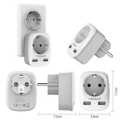 TESSAN TS-611-DE EU 3-in-1 4000W Wall Socket Extender with 1 AC Outlets/2 USB Ports 5V 2.4A Power Adapter Overload Protection Sockets for Home/Office COD [1942115]