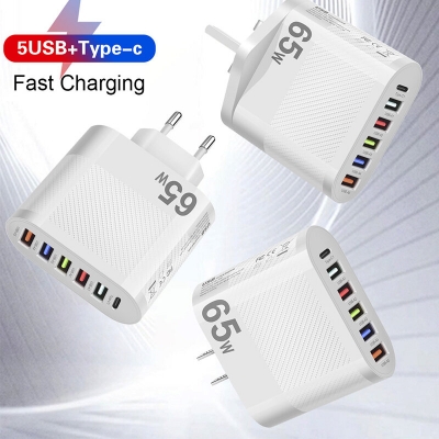 LYK-881 65W 6-Port USB Charger 5USB-A+Type-C ast Charging Wall Charger Adapter EU Plug US Plug for iPhone 12 13 14 14 Pro for Samsung Galaxy S23 for Xiaomi13pro for Oppo Reno9 [1994948]