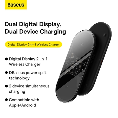 Baseus Digital LED Display 2 in 1 20W Wireless Charger Fast Wireless Charging Pad For Qi-enabled Smart Phones for iPhone 15 15 Plus 15 Pro 15 Pro Max for Huawei Mate60 Pro for Samsung Galaxy S23 for A [2000508]