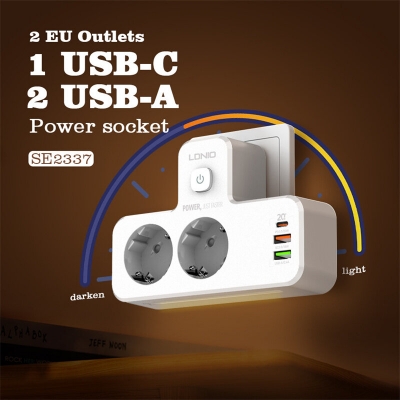 LDNIO SE2337 20W 5-Port USB PD Charger with 2 EU Outputs+2USB-A+USB-C PD QC3.0 Fast Charging Wall Charger Adapter EU Plug for iPhone 15 14 13 for Huawei Mate60 Pro for Xiaomi 14 Pro for MacBook [2006862]