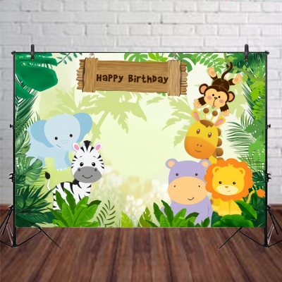 5x3FT 7x5FT 9x6FT Jungle Elephant Lion Happy Birthday Photography Backdrop Background Studio Prop COD [1636014]