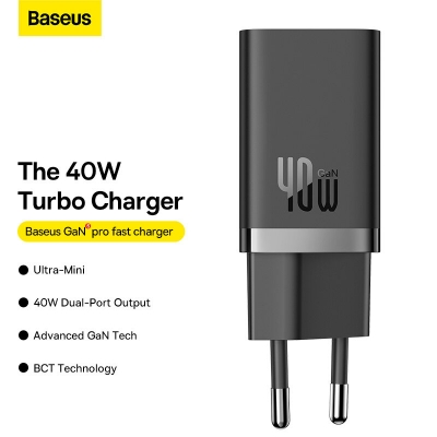 [GaN Tech] Baseus GaN5 Pro 40W 2-Port USB PD Charger Dual USB-C Fast Charging Wall Charger Adapter EU Plug for iPhone 15 14 13 for Huawei Mate60 Pro for Xiaomi 14pro for Samsung Galaxy S24 [2010256]