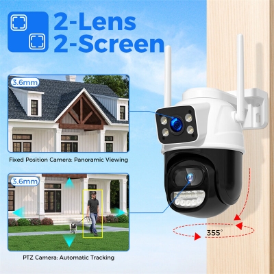 WS418B 4K 8MP Dual Lens Outdoor WiFi Camera Wireless PTZ Security ONVIF H.265+ Cam Night Vision AI Humanoid Detection Auto Tracking Two-Way Audio Monitoring IP Cameras [2009650]